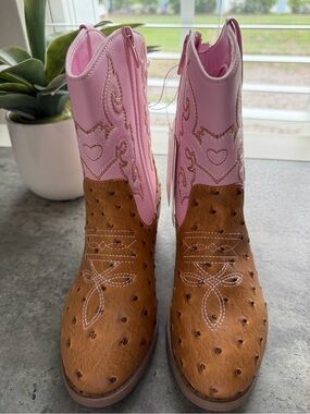 Girls' Pink and Brown Western Boots with Heart Stitch